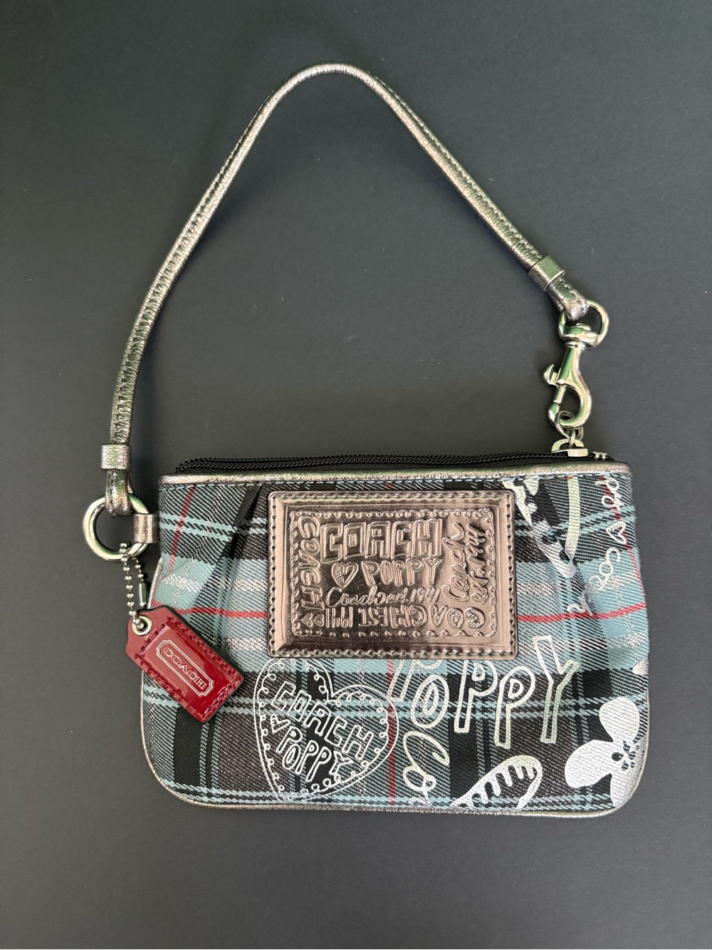 Coach Poppy Tartan Plaid Graffiti metallic with leather trim 2010 Wristlet